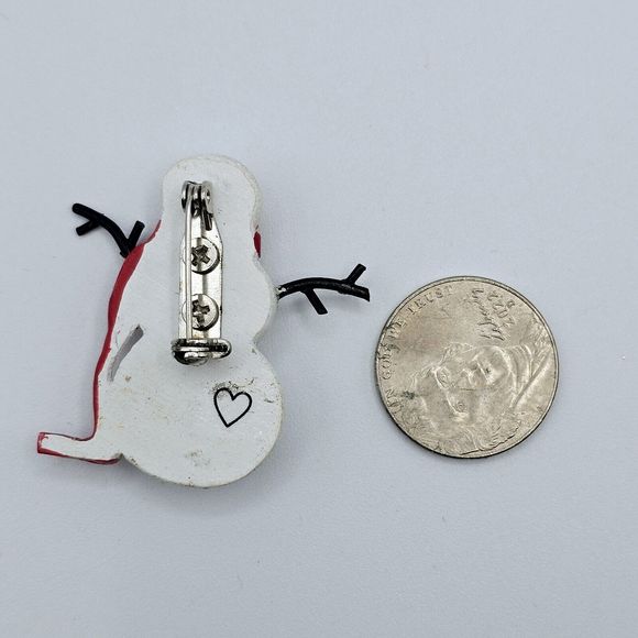 Snowman Brooch Christmas Holiday Pin Red Polka Dot Scarf Carrot Nose Stick Arms - Picture 6 of 6